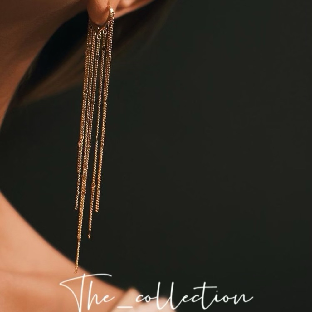 18K GOLD LONG TASSEL HOOP EARRINGS - Picture 3 of 3